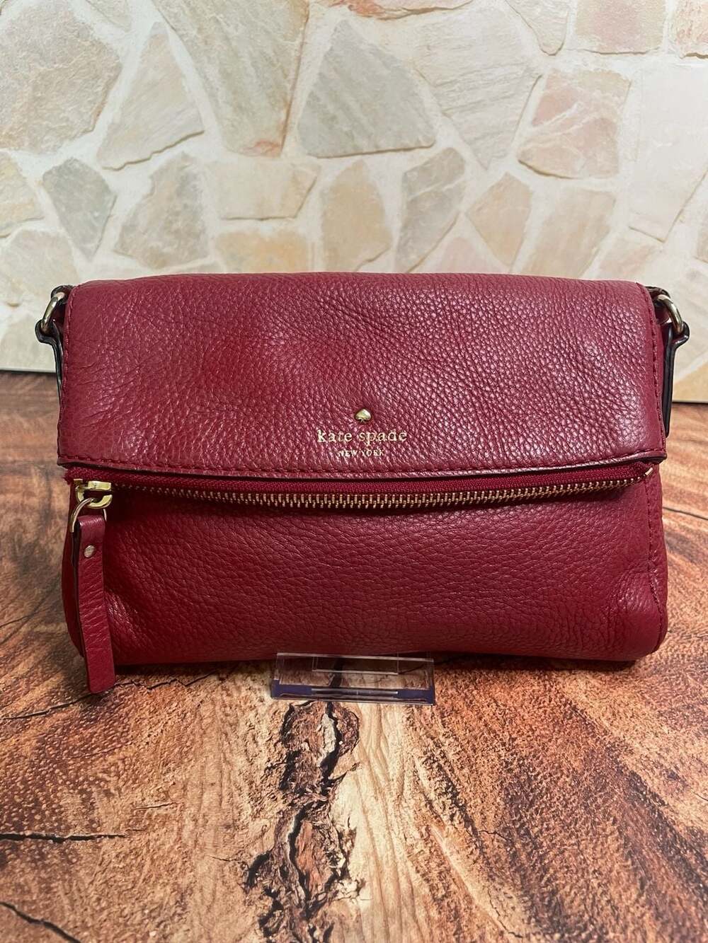 Kate Spade New York Pebbled Leather Foldover Crossbody Bag Burgundy